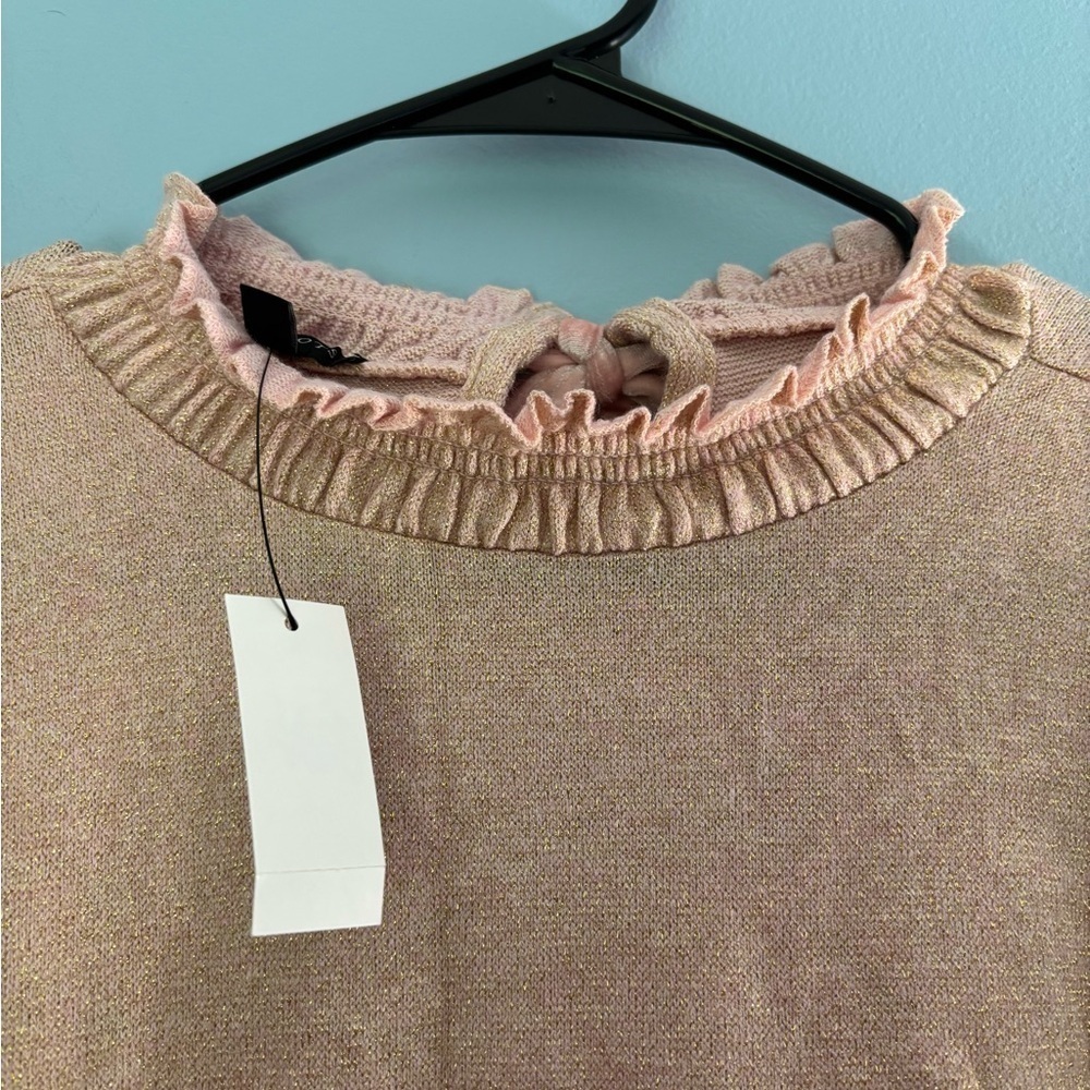 Talbots Long Sleeve Top Womens Size Medium Petite Pink Shimmer Metallic Tie Neck - Picture 4 of 7